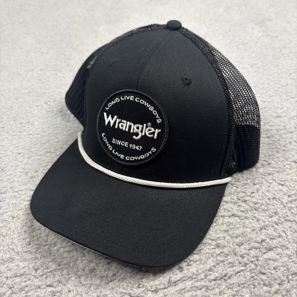 Wrangler Mens Black Snapback Trucker Hat Long Live Cowboys Rope Mesh Cap OSFM